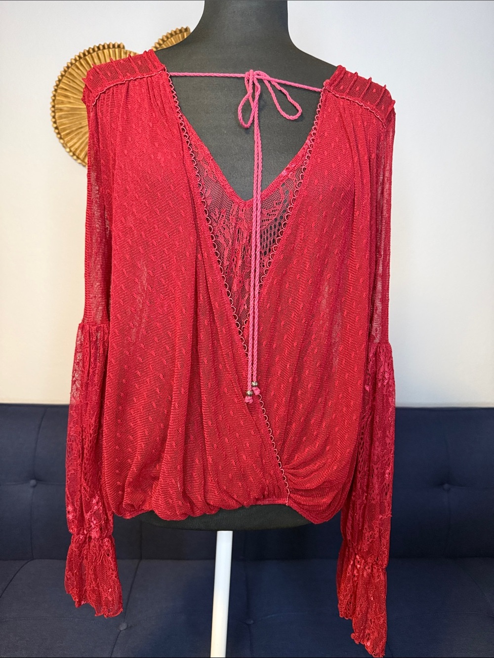 FP Womens Sheer Burgundy Red Lace Blouse Bow tie layered V-Neck Long Bell Sleeve